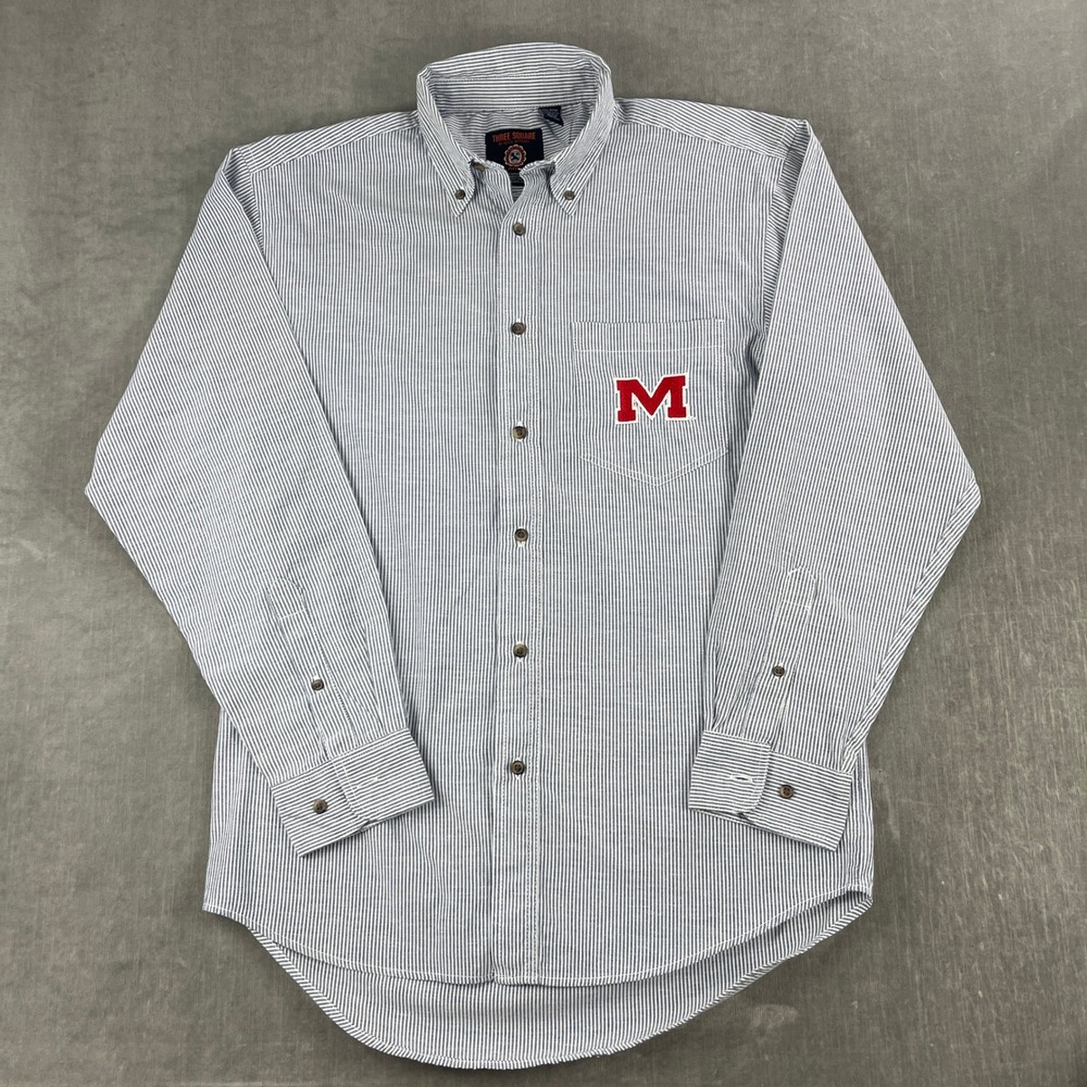 Three Square Men Large Blue Striped Button Down Shirt Embroidered M Logo